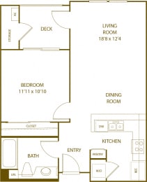 Residence 1 - 1 Bedroom 1 Bath Floor Plan Layout - 652 Square Feet