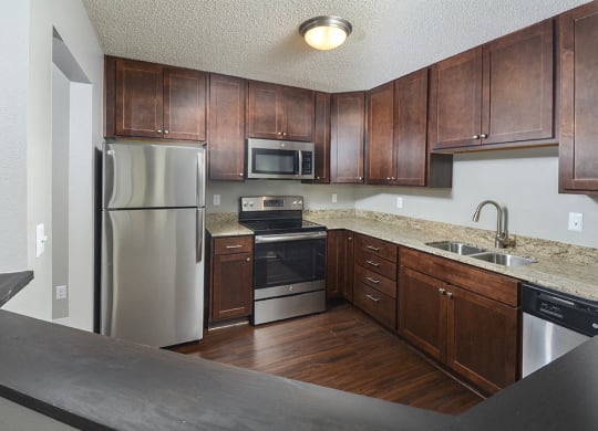 Renovated Kitchen with Stainless Steel Appliances, Granite Countertops and Dark Wood Cabinetry