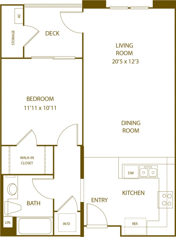 Residence 2 - 1 Bedroom 1 Bath Floor Plan Layout - 711 Square Feet