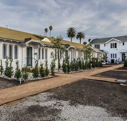 a row of white houses with trees in front of them