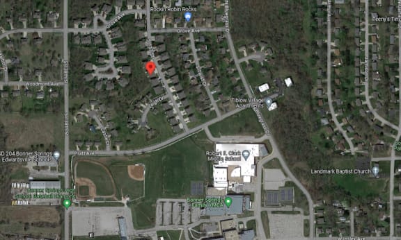 a map showing the location of a parking lot with a red dot on it