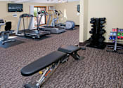 Thumbnail 5 of 14 - Fitness room with weights, elipticals, and treadmils