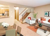 Thumbnail 1 of 22 - brightly lit living room with dining table, coffee table, white couch with red pillows