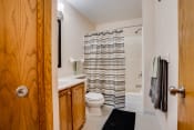Thumbnail 5 of 27 - Bathroom with wooden cabnets and striped shower curtain