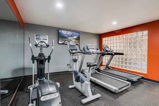 Fitness room with treadmils and elipticals facing a TV