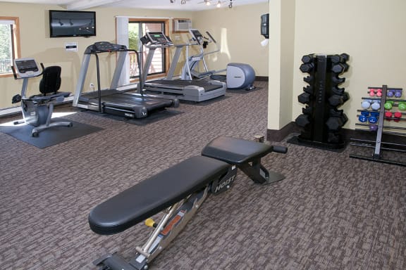 Fitness room with weights, elipticals, and treadmils