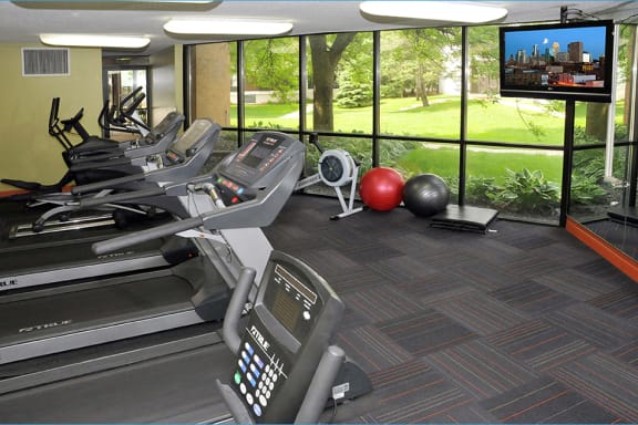 Fitness room with treadmills facing a TV and a large window