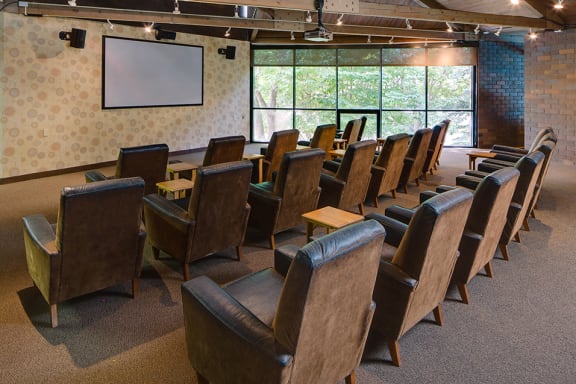 Theater room with a projector and three rows of viewing chairs