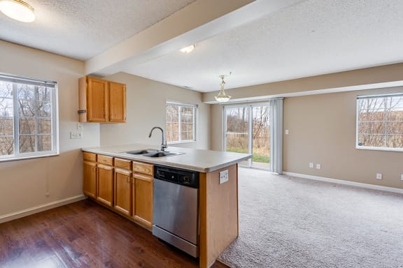 kitchen island overlooking empty, carpeted living room