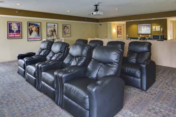 Rows of leather chairs and movie posters on the wall of a theater room