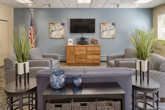 Community room with chairs facing a television, plants on side tables, art on the wall, and an American flag in the corner