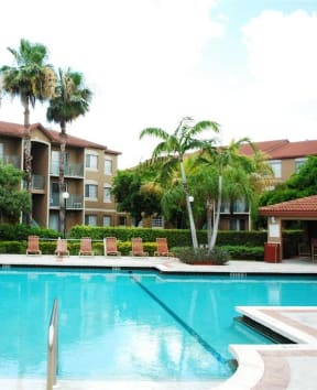 Siesta Pointe resort style pool and lounge chairs at Siesta Pointe, Hialeah, Florida