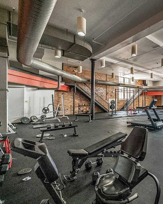 A gym with a variety of equipment including treadmills, weights, and benches.