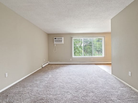 an empty living room with a window and carpet