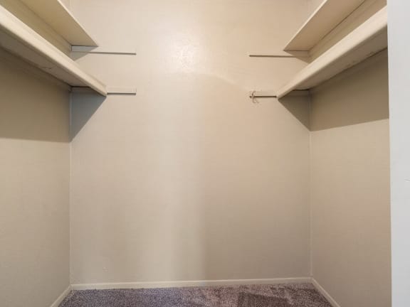 a room with two shelves on the wall and a carpeted floor