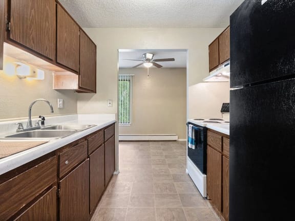 a kitchen with a black refrigerator and a sink