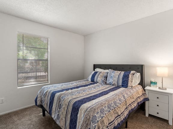 a bedroom with a bed and a window