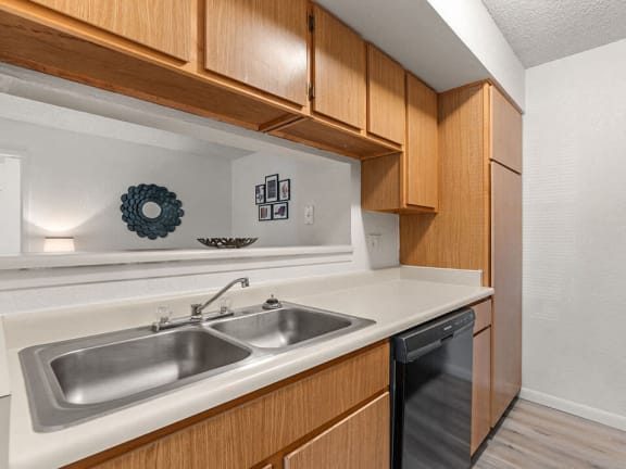 a kitchen with a sink and a dishwasher and wooden cabinets