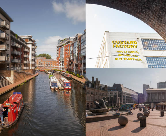 a collage of buildings and boats on a canal and a sign for a factory