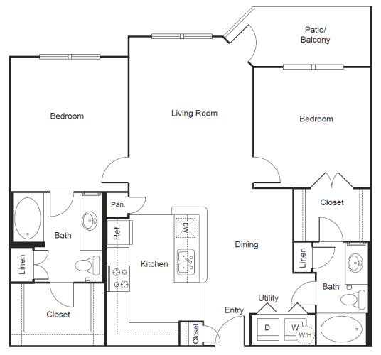 Floor Plan  B2 - 2 bed, 2 bath, 1,050 square feet