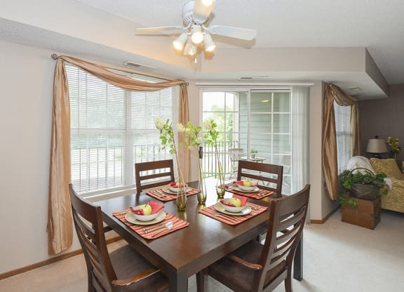 Ceiling Fan and Light in Dining Room with Large Windows