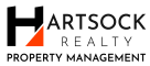 logo that says hartsock realty property management with a red triangle and black text