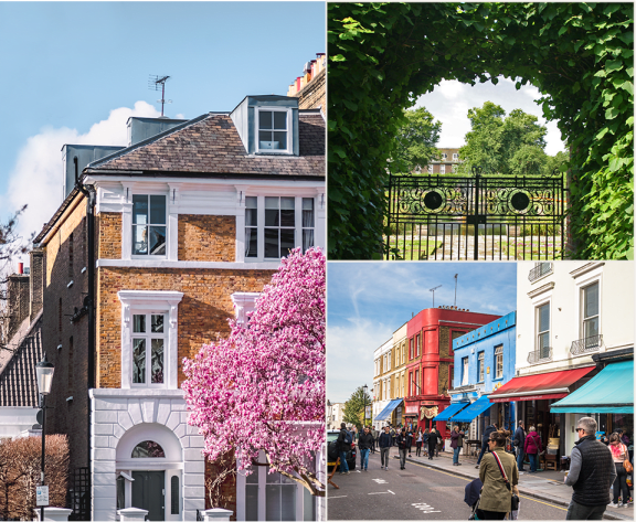 a collage of photos of buildings and people walking down a street