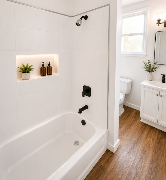 A white bathroom with a tub, toilet, and sink.