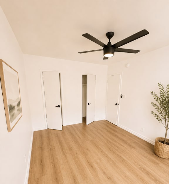 A room with a ceiling fan and a plant in a basket.