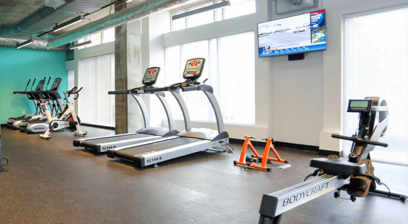 a row of treadmills and other exercise equipment in a gym