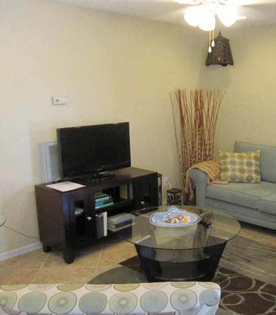 a living room with a couch and a tv