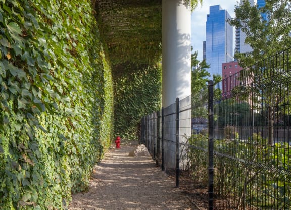 Outdoor dog run with living green wall and gated area at Kingsbury Plaza, Chicago, Illinois