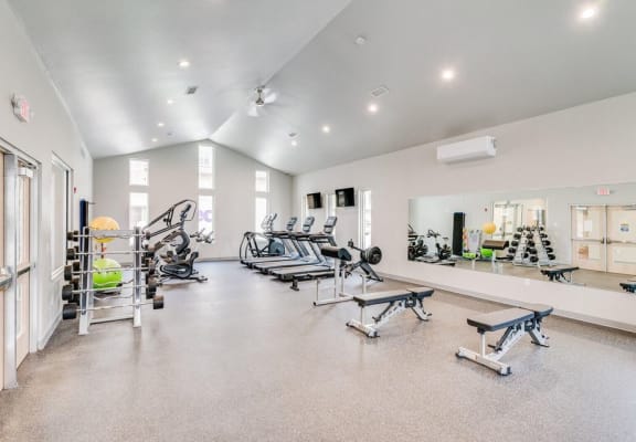 a gym with treadmills and weights at the preserve at great pond apartments in windsor