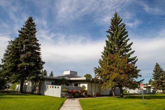a house with a white fence and two trees in front of it