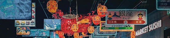 A busy sushi restaurant with people dining and a sign that says "Market Sushi".