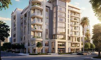 A modern apartment building with balconies and palm trees in front.