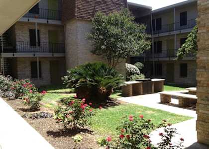 the courtyard of an apartment building with plants and flowers