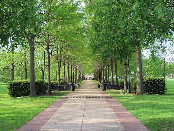 A tree-lined walkway in a park. at Kimberly Club Apartments, Davenport