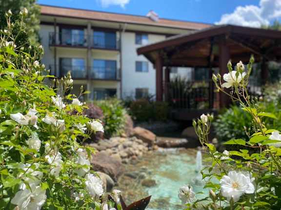 Gazebo surrounded by greenery at Roseville Commons Senior Living Apartments, Roseville
