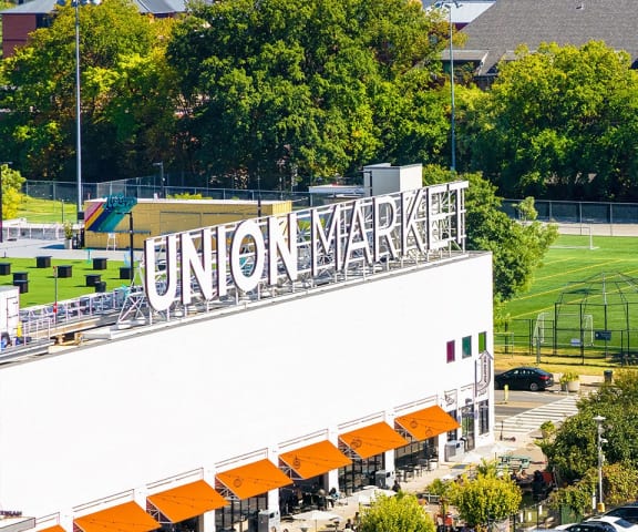 a view of the union market sign on top of a building