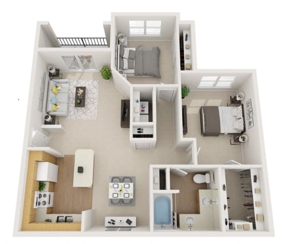 2 bedroom floor plan with 966 Sq. Ft. at Summerwind Apartment Homes Pearland TX