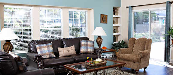 a living room with a blue wall and leather couches and chairs