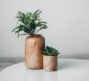 a pair of wooden vases with green plants in them on a table