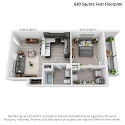 Artists 3D rendering of the 1 bedroom, 1 bathroom main level unit layout.