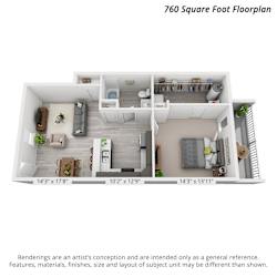 Artists 3D rendering of the 1 bedroom, 1 bathroom main level unit layout.