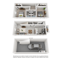 Floor Plan 2 Bedroom, 2.5BA Townhome with Drive Under Garage