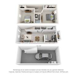 Floor Plan 2 Bedroom, 1.5BA Townhome with Garage