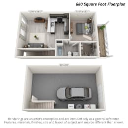 Artists 3D rendering of the 1 bedroom, 1 bathroom main level unit with garage ayout.