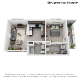 Artists 3D rendering of the 1 bedroom, 1 bathroom 2nd level unit layout.