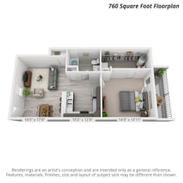 Artists 3D rendering of the 1 bedroom, 1 bathroom main level unit layout.